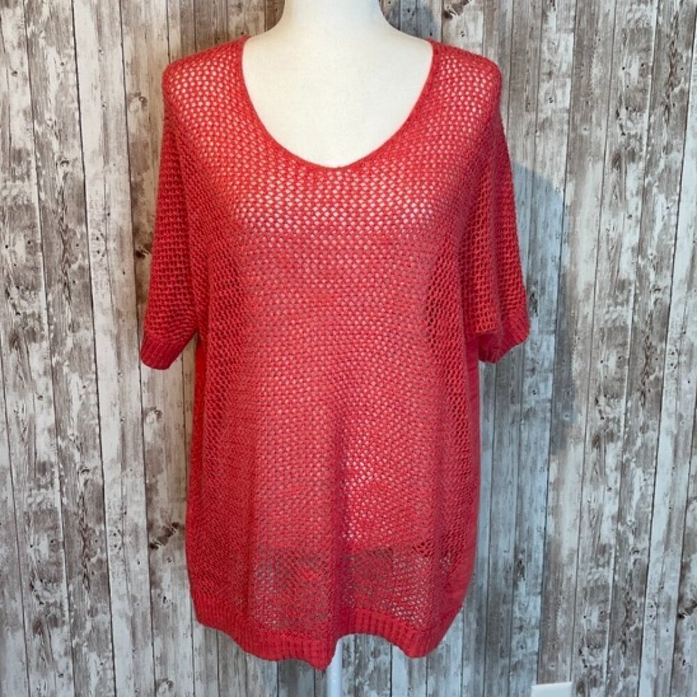 Chico's Pink/Coral Short Sleeve Fishnet Sweater size Large (Chico's 2)